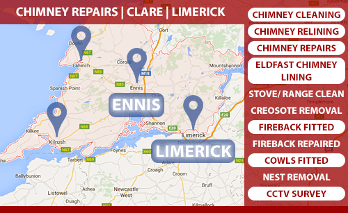 We provide our chimney Repair service in Co. Clare and Co. Limerick including Ennis and Limerick City including Corrofin, Tulla, Newmarket on Fergus, Shannon, Sixmilebridge, Cratloe, Parteen, Limerick city, Mungret, Kildimo, Castletroy, Annacotty and Adare. Call Cathal Rooney on 0873890670.