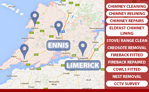 We provide our chimney cleaning service in Co. Clare and Co. Limerick including Ennis and Limerick City. We also provide our chimney cleaning service in Corrofin, Tulla, Newmarket on Fergus, Shannon, Sixmilebridge, Cratloe, Parteen, Limerick city, Mungret, Kildimo, Castletroy, Annacotty and Adare. We use the cutting edge Rodtech rotary chimney cleaning sweeping system so your chimney flue will be cleaned to a far higher standard than anything the old brush system has to offer. For a professional chimney cleaner call us today on 0873890670