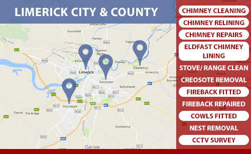 We provide our chimney cleaning service in Co. Limerick and Limerick City. We also provide our chimney cleaning service in Limerick City, Castletroy, Garryowen, Annacotty, Ballynanty, Dooradoyle, Ballysheedy, Patrickswell, Drombanna, Clarina and Adare. We use the cutting edge Rodtech rotary chimney cleaning sweeping system so your chimney flue will be cleaned to a far higher standard than anything the old brush system has to offer.